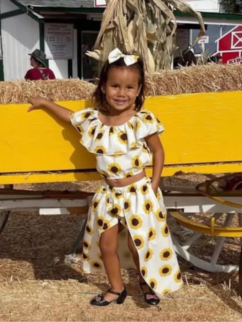 Girls Sunflower 2pc Set Off-Shoulder Crop Top + High-Low Skirt Size 100 (2T-3T)